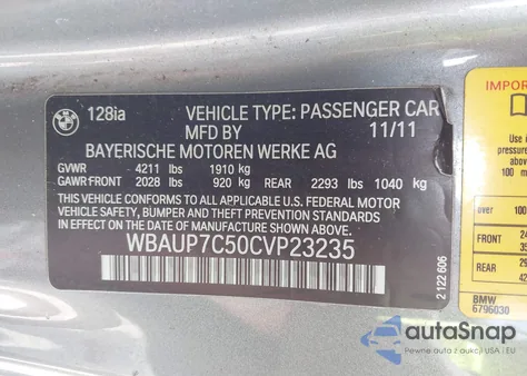 2012 BMW 128I z USA, uszkodzony, nr VIN WBAUP7C50CVP23235